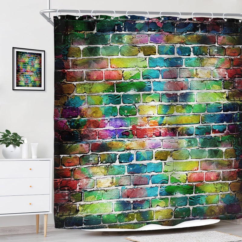 Riyidecor Colorful Graffiti Brick Wall Shower Curtain Hip Hop Multicolor Rainbow Painting Cool Street Fun Aesthetic Decor Fabric Bathroom Polyester Waterproof 72x72 Inch 12-Pack Plastic Hooks WW-VKSU - Image 2